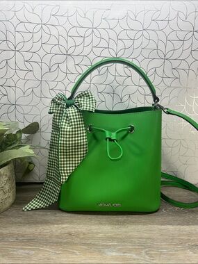 Michael Kors Green Leather Bucket Bag with Gingham Scarf